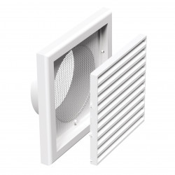 Grilă de ventilație din PVC cu plasă anti-insecte, jaluzele fixe 186x186 mm cu flanșă Ø 125 mm, albă