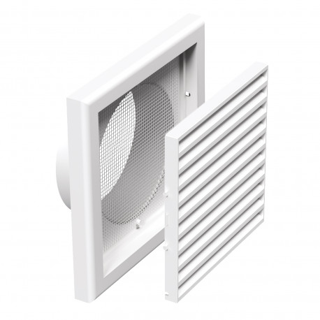 Grilă de ventilație din PVC cu plasă anti-insecte, jaluzele fixe 186x186 mm cu flanșă Ø 125 mm, albă
