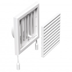 Grilă de ventilație din PVC cu jaluzele actionate mecanic 154x154 mm cu flanșă Ø 100 mm, albă