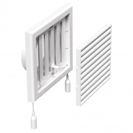 Grilă de ventilație din PVC cu jaluzele actionate mecanic 154x154 mm cu flanșă Ø 100 mm, albă