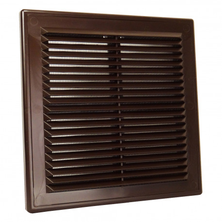 Grilă de ventilație din PVC fără flanșă cu jaluzele fixe și plasă anti-insecte 204x204 mm, maro